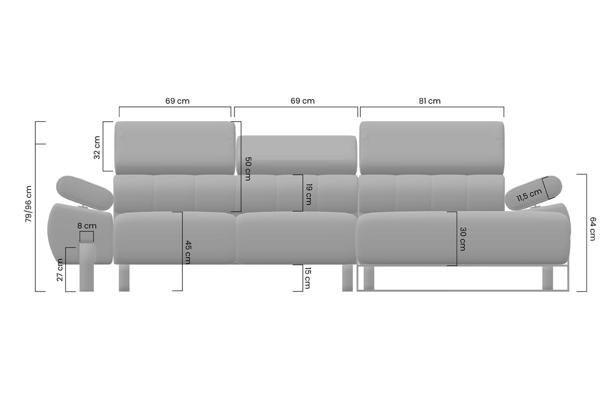 Dīvāns VECA M kreisais stūris 293/79-96/176 cm pelēks/ melnas kājas - N1 Home