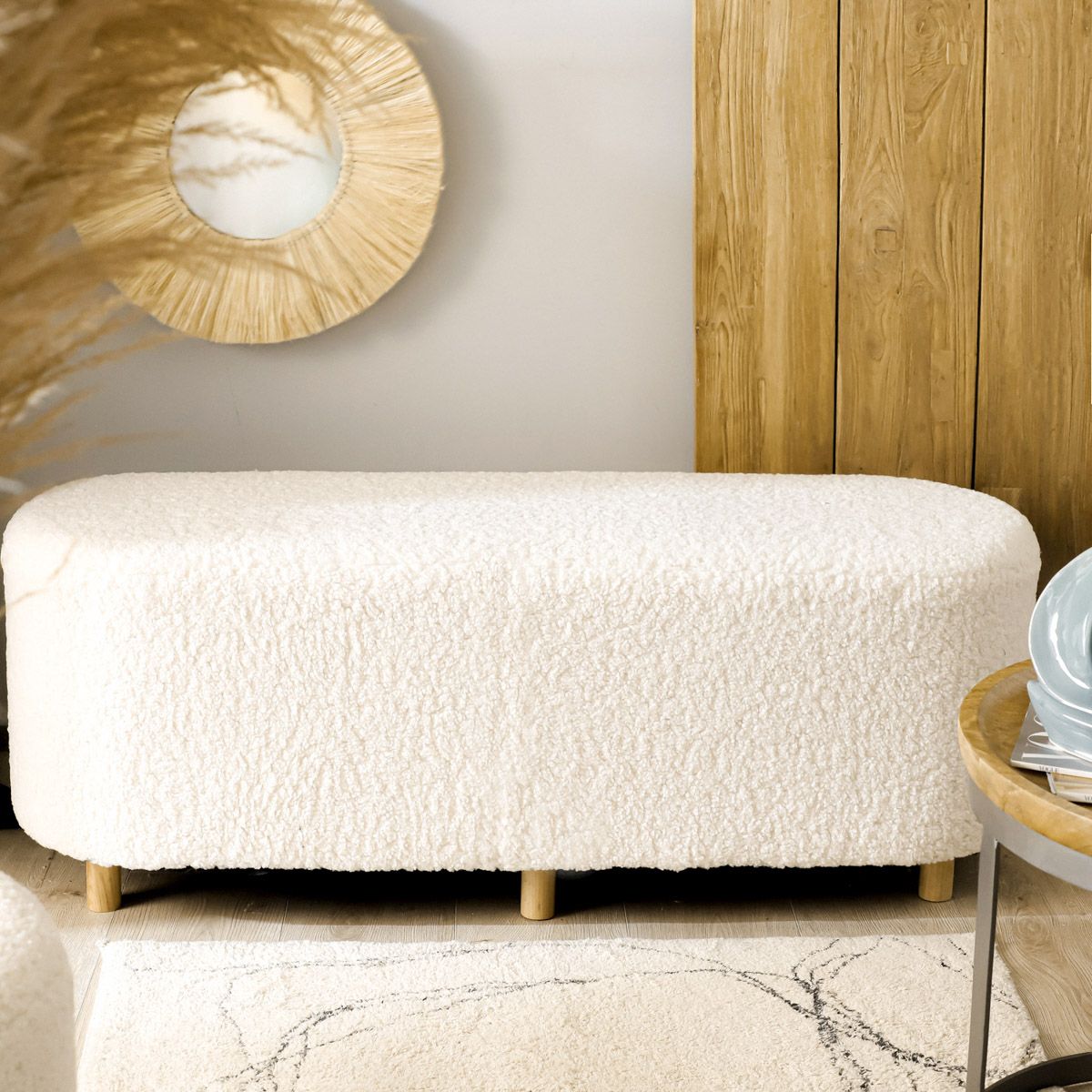 Sols ELSA bēšs no auduma TEDDY BOUCLÉ 120x40x44 cm - N1 Home