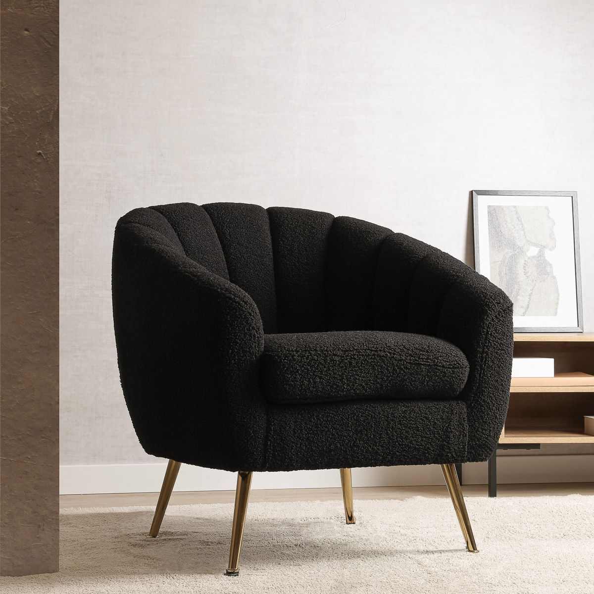 REIKA atzveltnes krēsls no melna bouclé auduma 78x73x79 cm - N1 Home