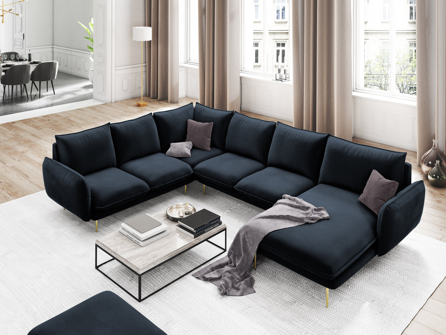 Dīvāns Cosmopolitan Design Vienna samta 330x235x95 cm graffīts zils - N1 Home