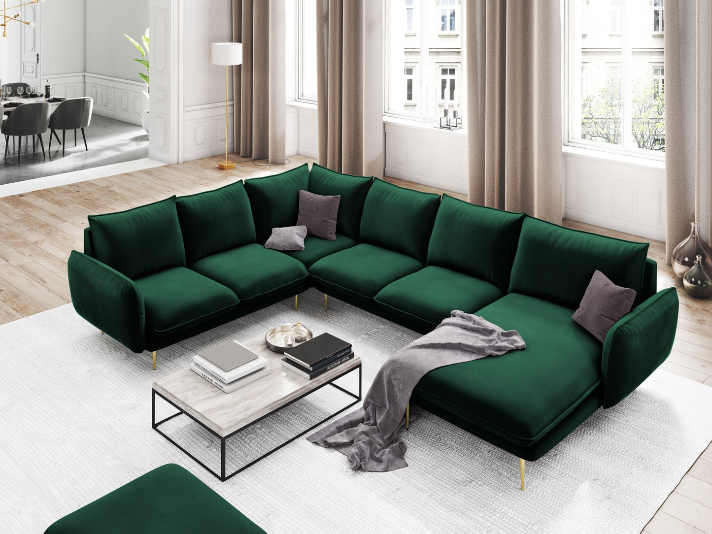 Dīvāns Cosmopolitan Design Vienna samta 330x235x95 cm tumši zaļš - N1 Home