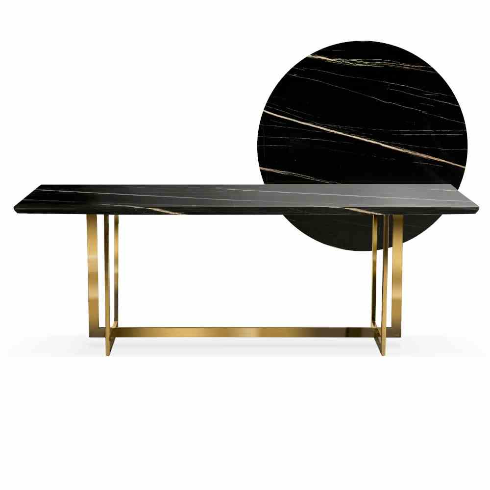 MARBLE 220x100 melna marmora / zelta kāju galds
