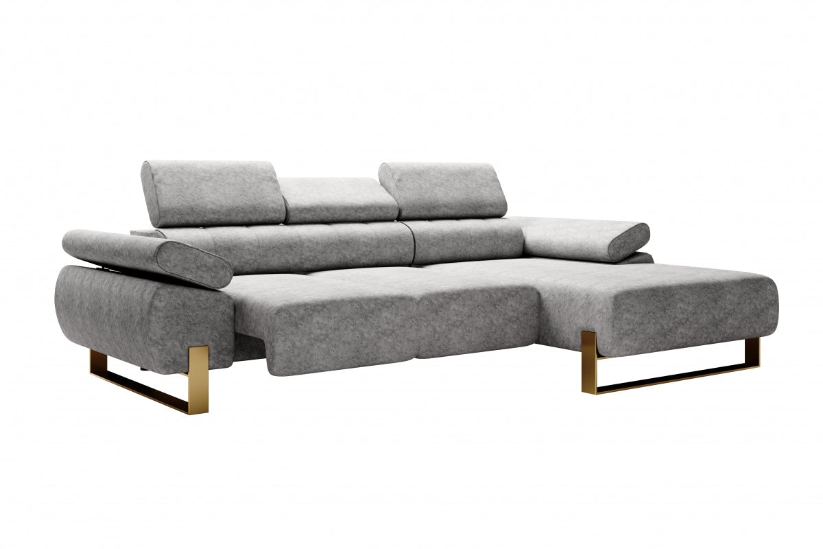 Dīvāns VECA M labais stūris 293/79-96/176 cm gaiši pelēks/zelta kājas - N1 Home