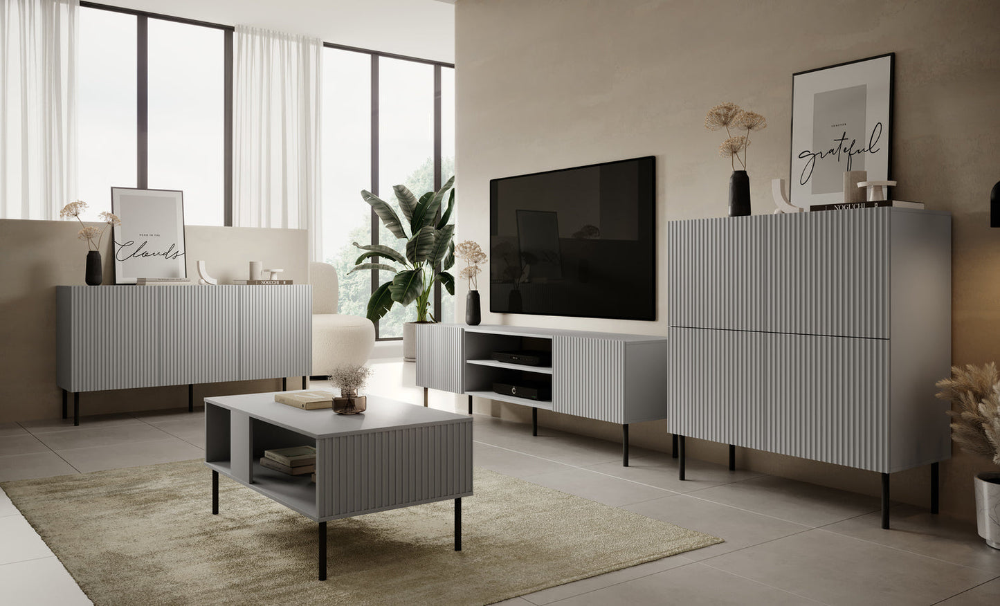 MADRID TV skapis 180/42/57 cm gaiši pelēka, kājas: melnas - N1 Home