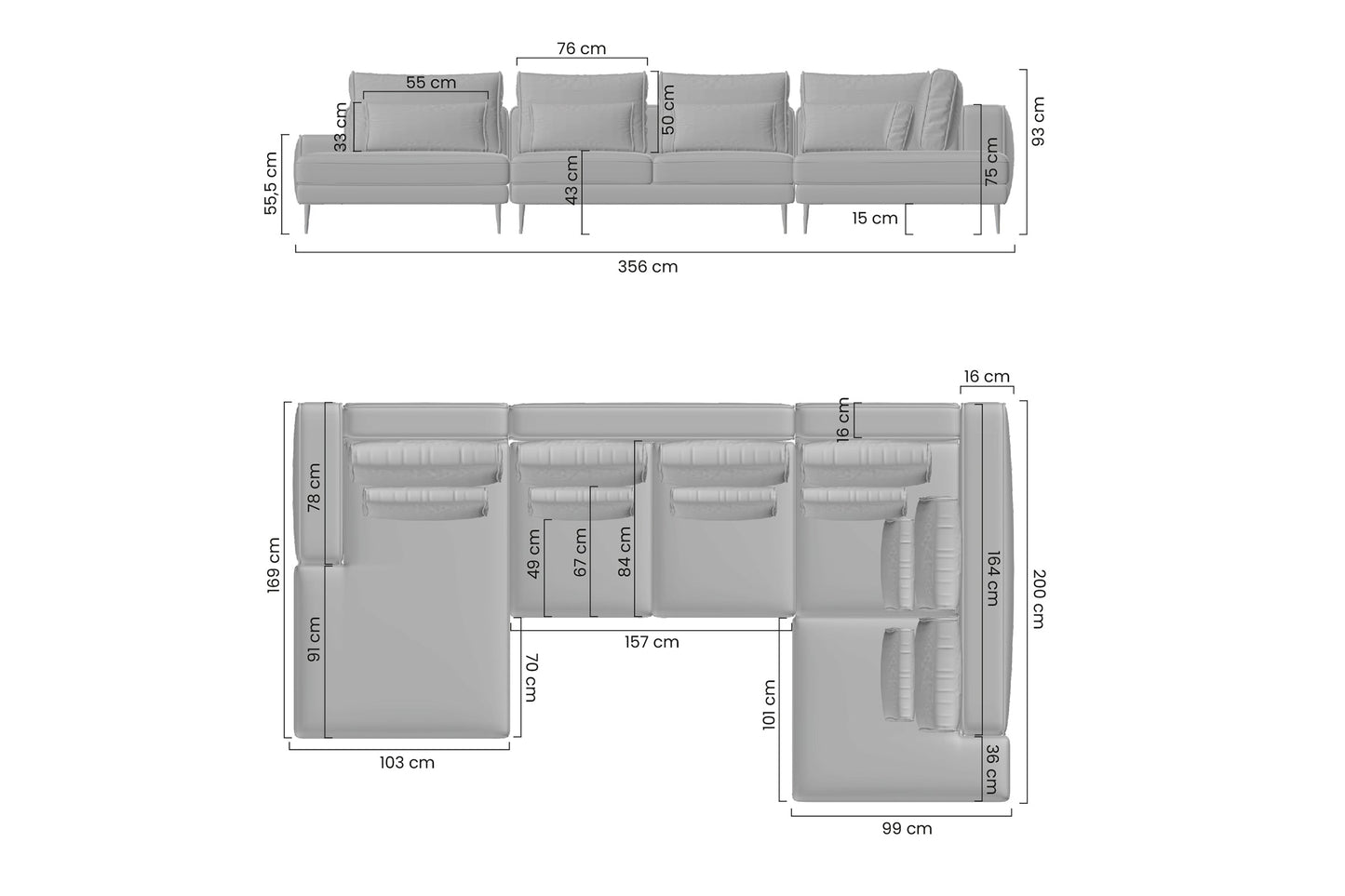 Dīvāns AUSTIN U 356/75-93/200 cm gaiši pelēks - N1 Home