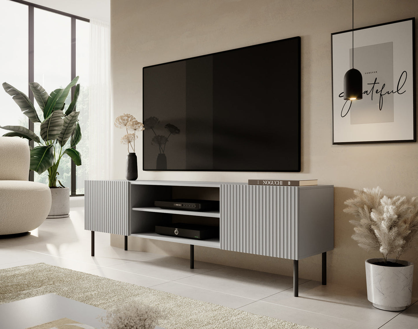MADRID TV skapis 180/42/57 cm gaiši pelēka, kājas: melnas - N1 Home
