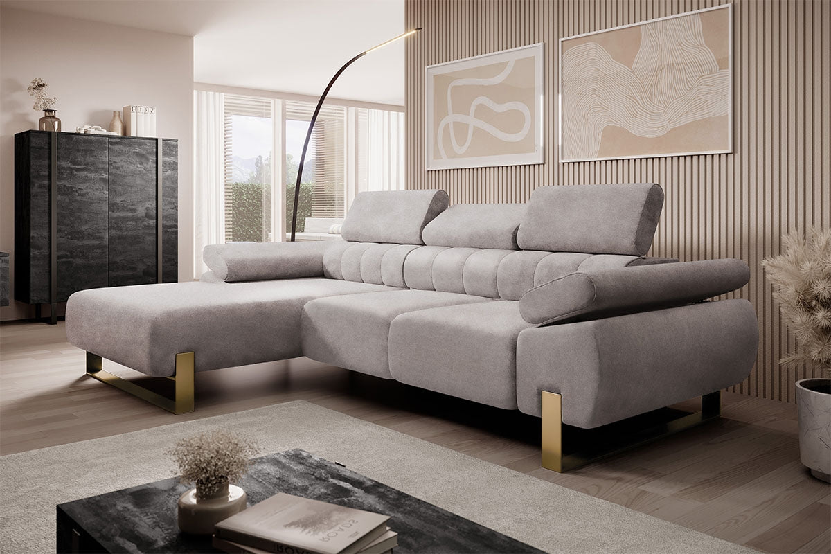 Dīvāns VECA M kreisais stūris 293/79-96/176 cm pelēks/zelta kājas - N1 Home