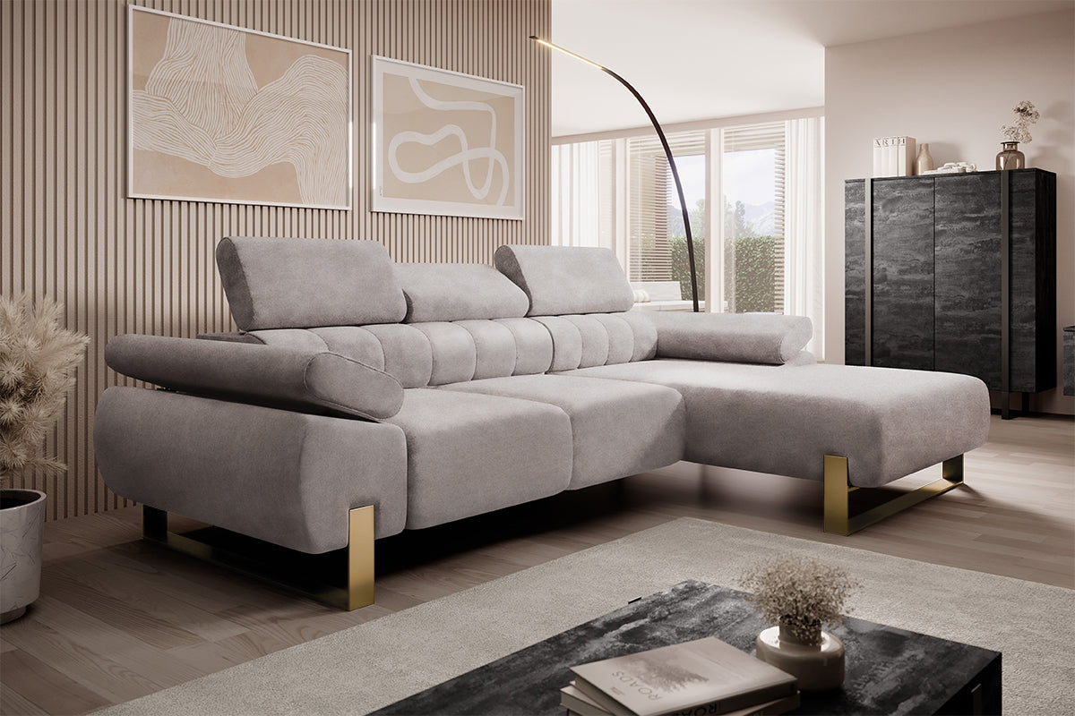 Dīvāns VECA M labais stūris 293/79-96/176 cm pelēks/zelta kājas - N1 Home