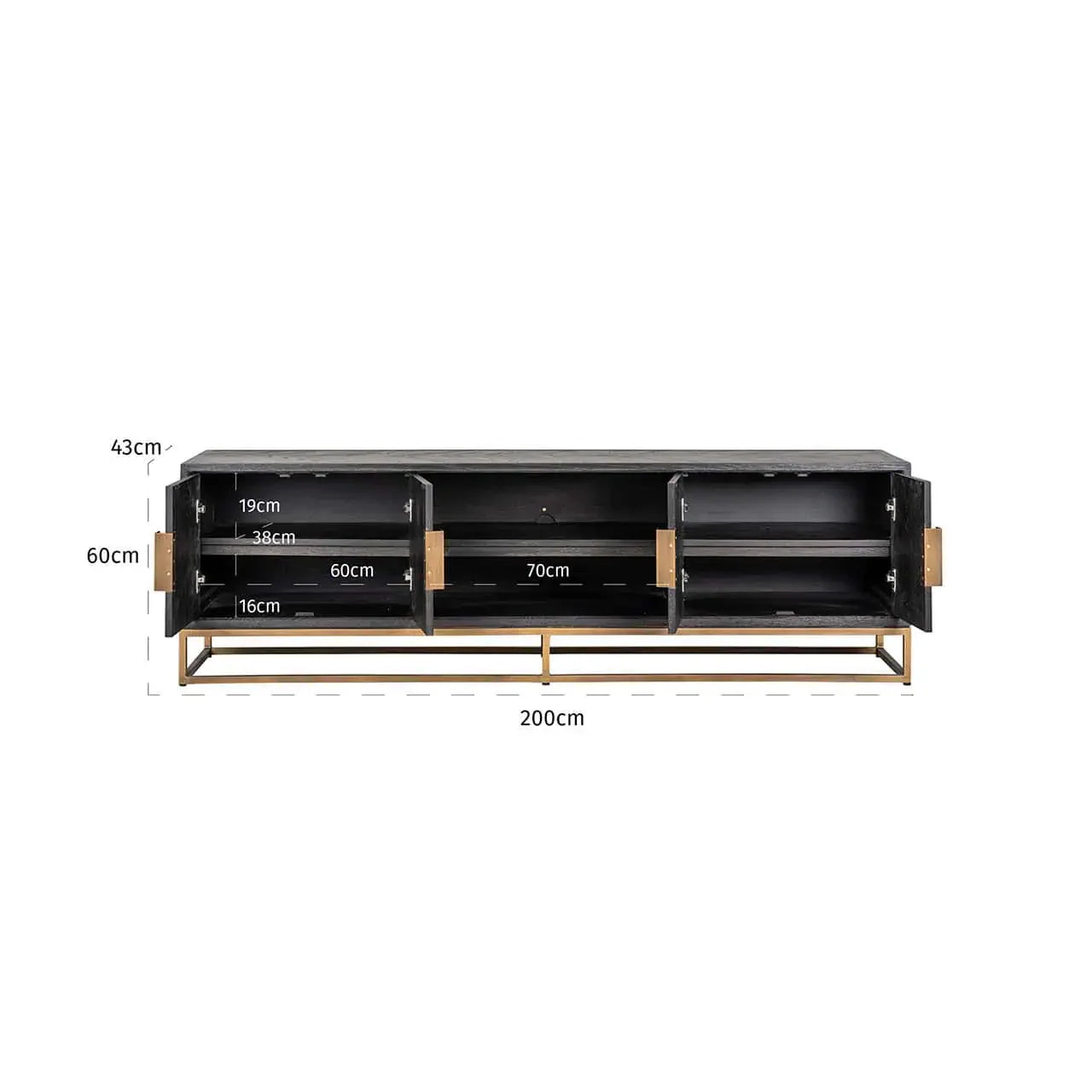 TV skapītis Blackbone misiņš 4 durvis 200 Richmond Interiors 60/200/43 cm melns rustikāls - N1 Home