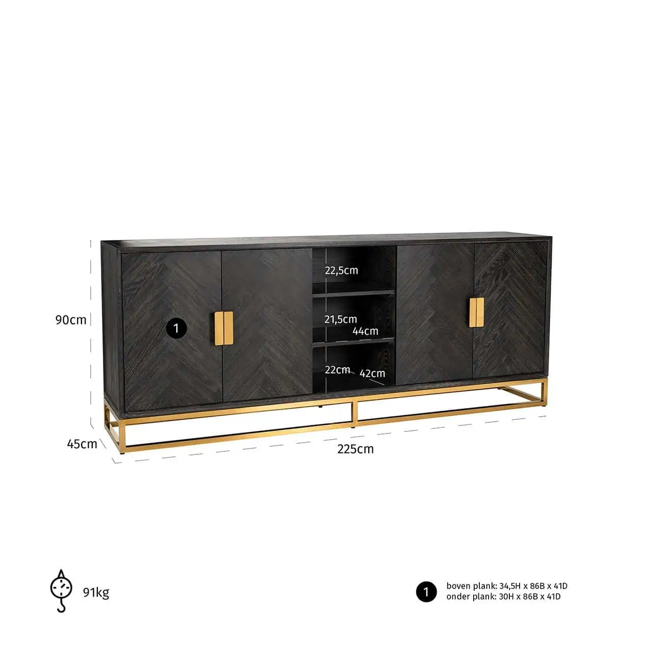 Kumode Blackbone zelta krāsā ar 4 durvīm Richmond Interiors 90/225/45 cm melna rustikāla - N1 Home