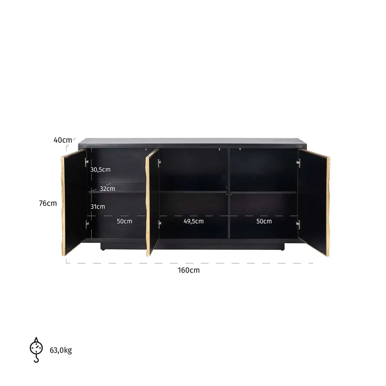 Kumode Esher 3-durvju Richmond Interiors 76/160/40 cm melns - N1 Home