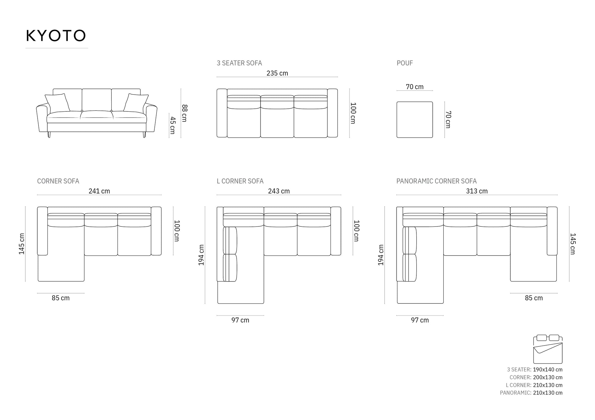 Dīvāns Cosmopolitan Design Kyoto 235x100x88 cm gaiši pelēks - N1 Home
