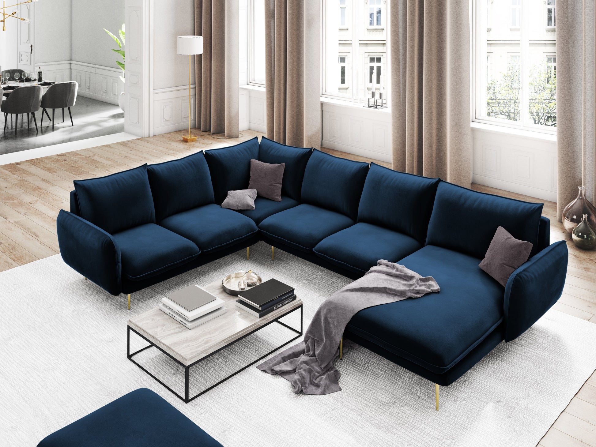 Dīvāns Cosmopolitan Design Vienna samta 330x235x95 cm tumši zils - N1 Home