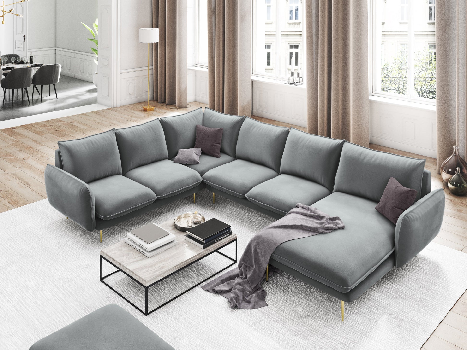 Dīvāns Cosmopolitan Design Vienna samta 330x235x95 cm gaiši pelēks - N1 Home