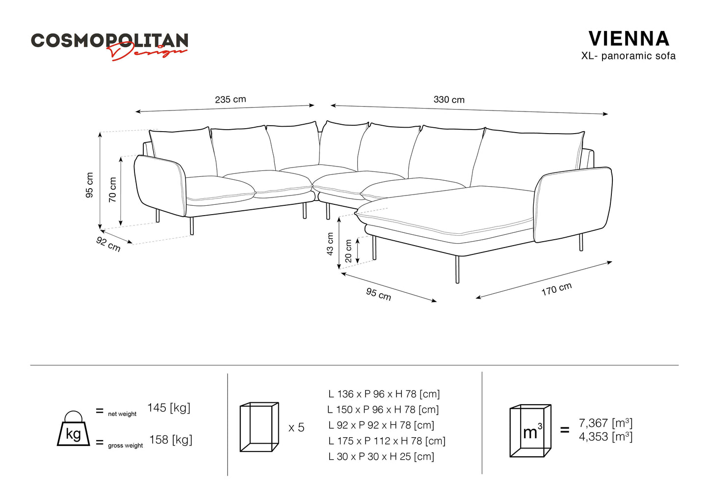 Dīvāns Cosmopolitan Design Vienna samta 330x235x95 cm graffīts zils - N1 Home