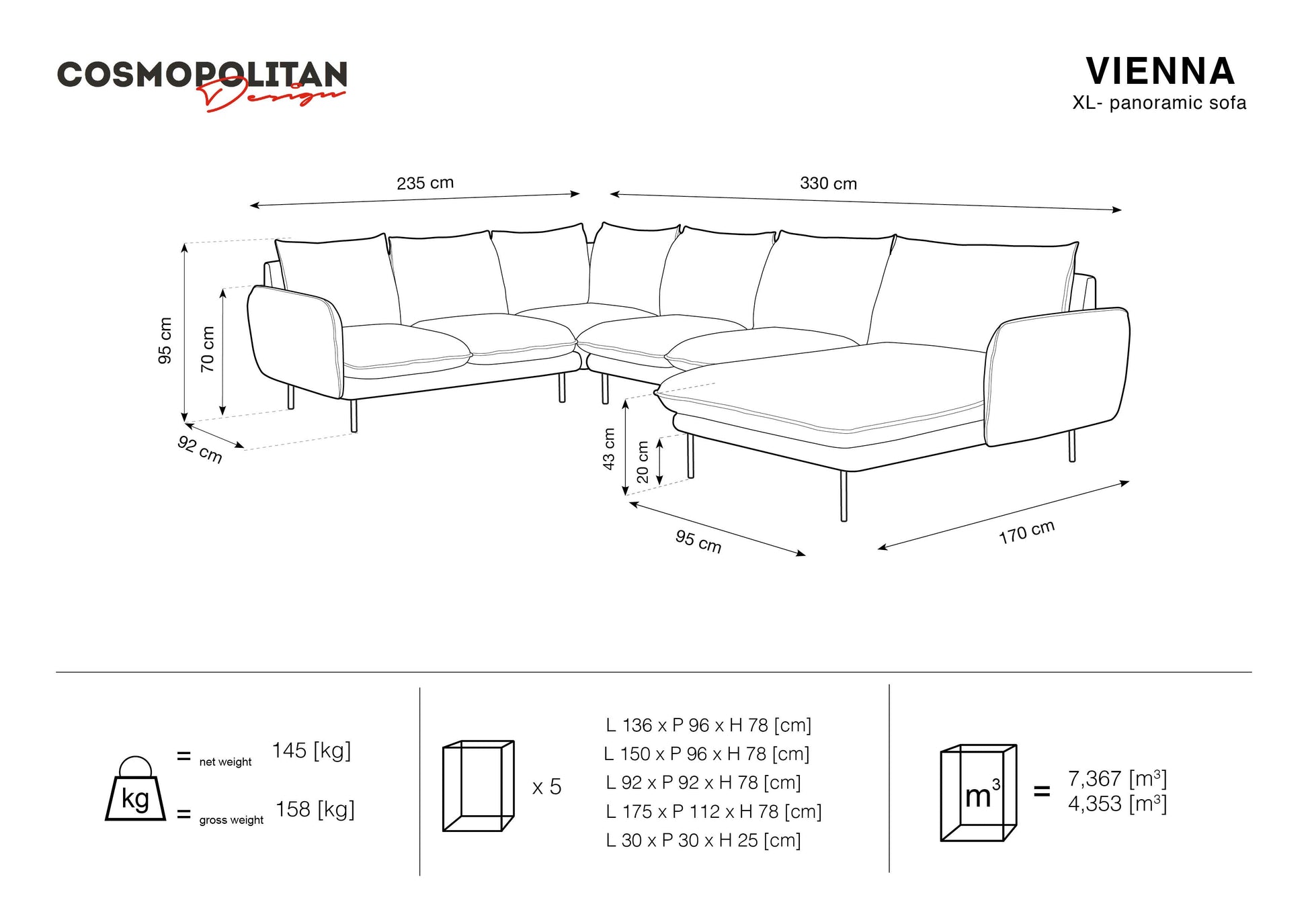 Dīvāns Cosmopolitan Design Vienna samta 330x235x95 cm graffīts zils - N1 Home